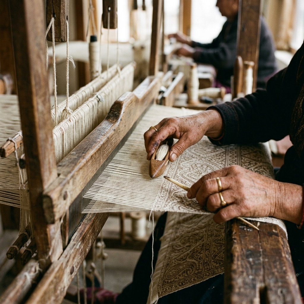 Handwoven pashmina shawl draped over a loom